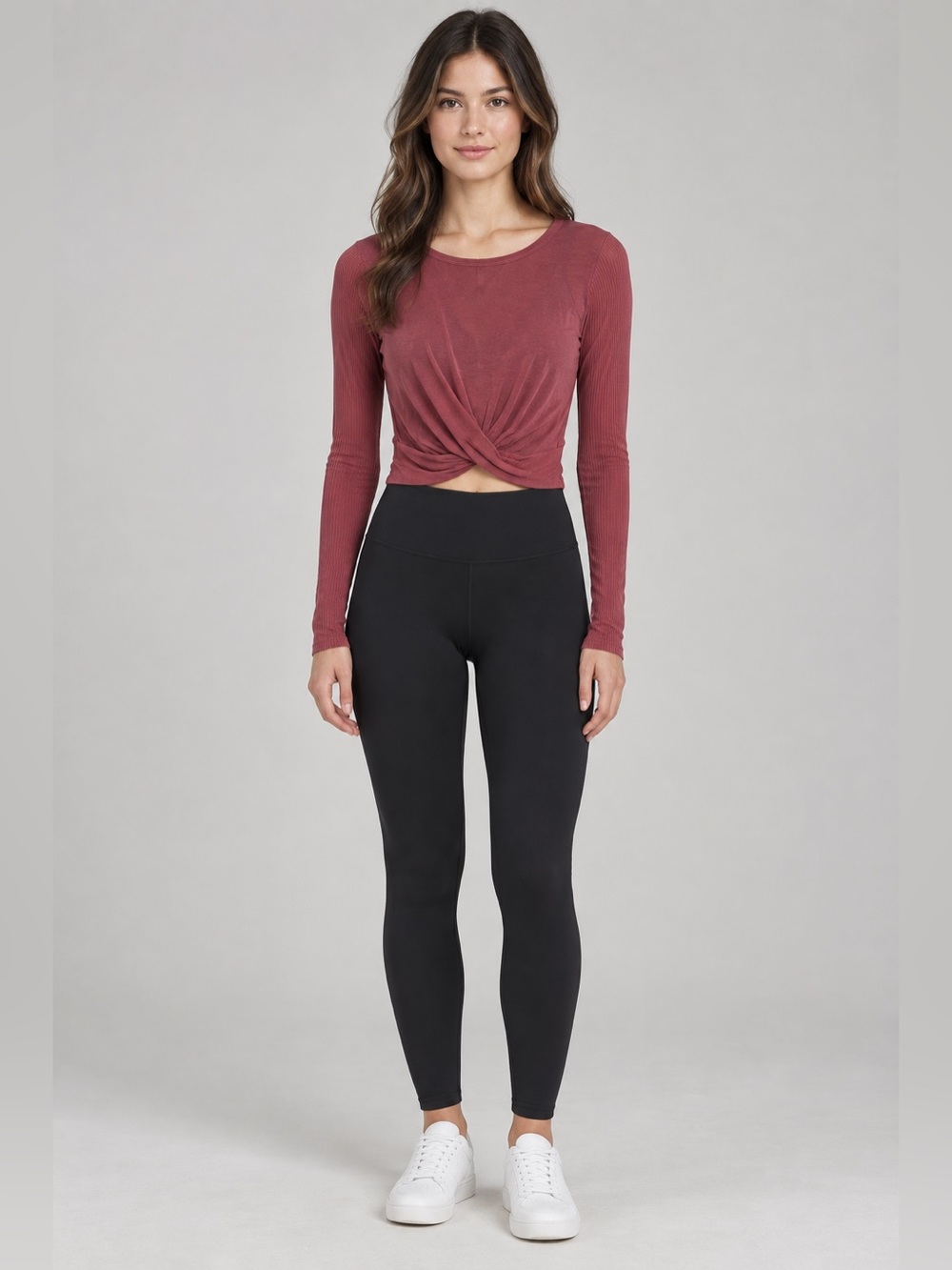 Alo Yoga Mauve Pink Ribbed Twist Front Long Sleeve Crop Top M